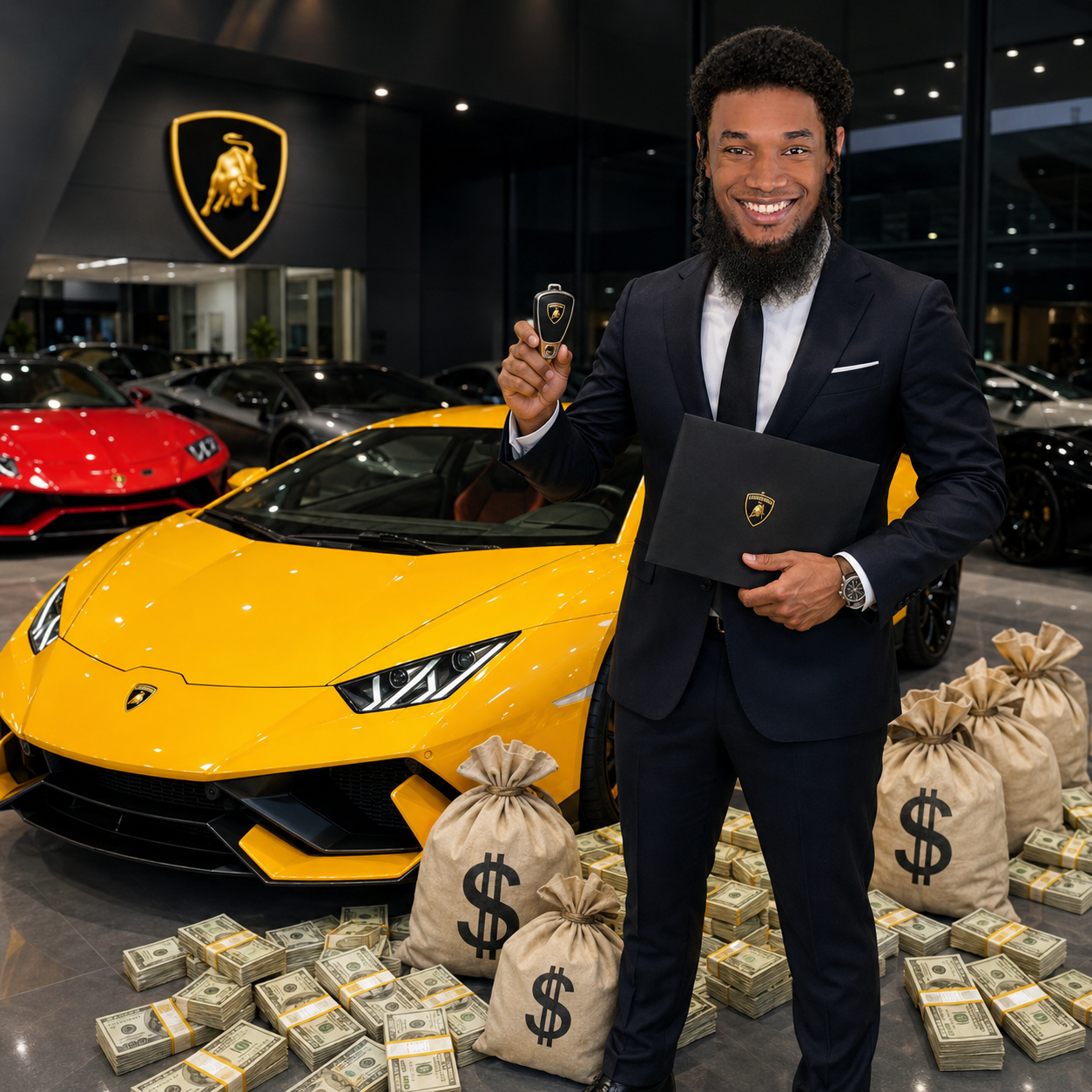 JEWSEM holding a car key beside a yellow sports car and money bags