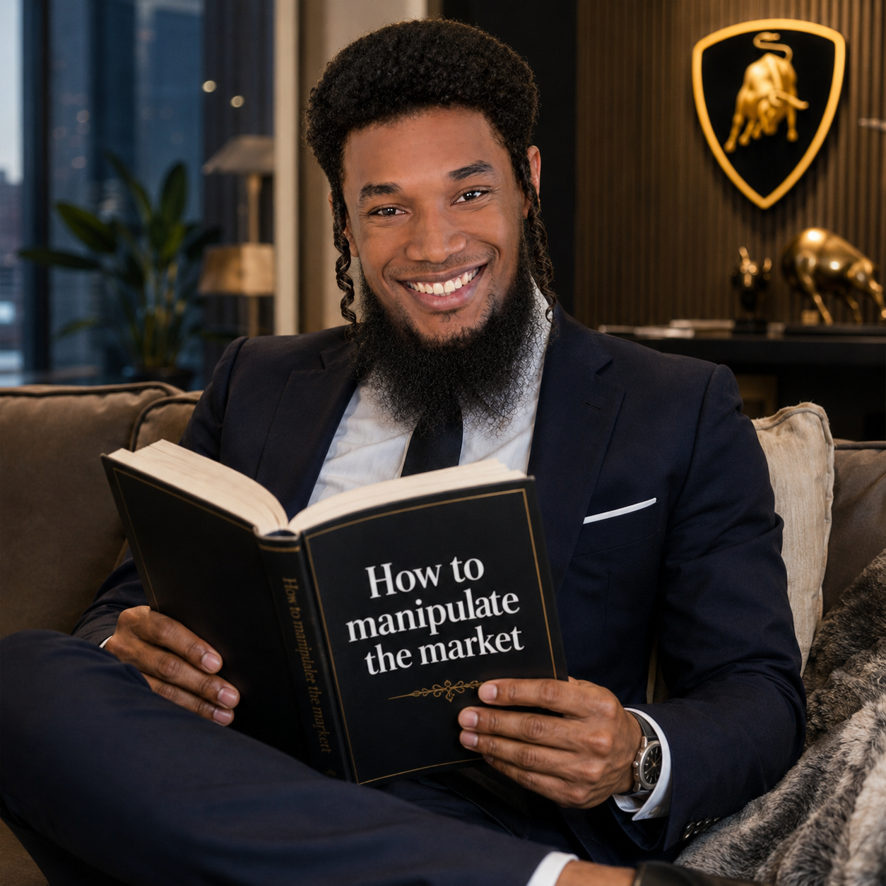 JEWSEM reading a black trading book in a lounge